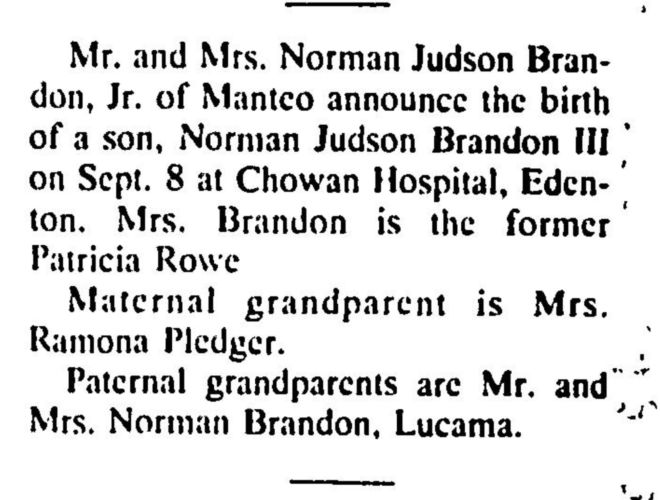 1990 Coastland Times Brandon's Birth Announcement