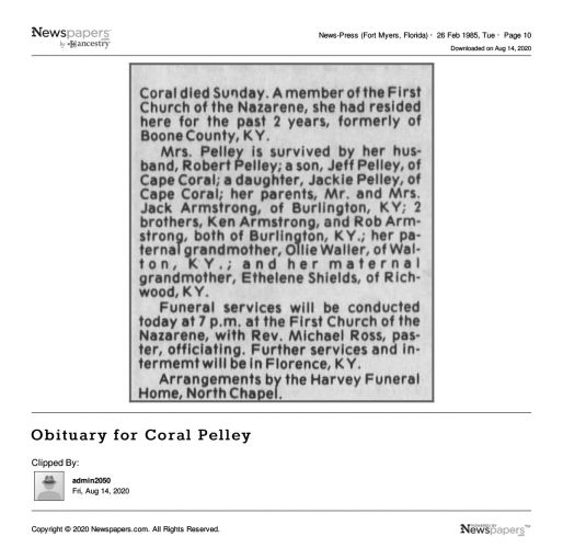 obituary for Coral Pelley