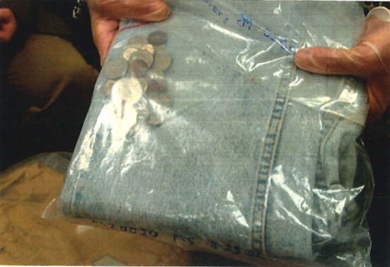 jeans and change in a sealed bag