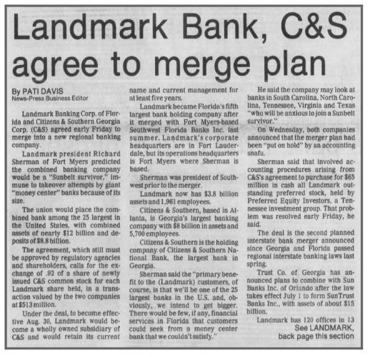 newspaper clipping “Landmark Bank, C&S Agree To Merge Plan”