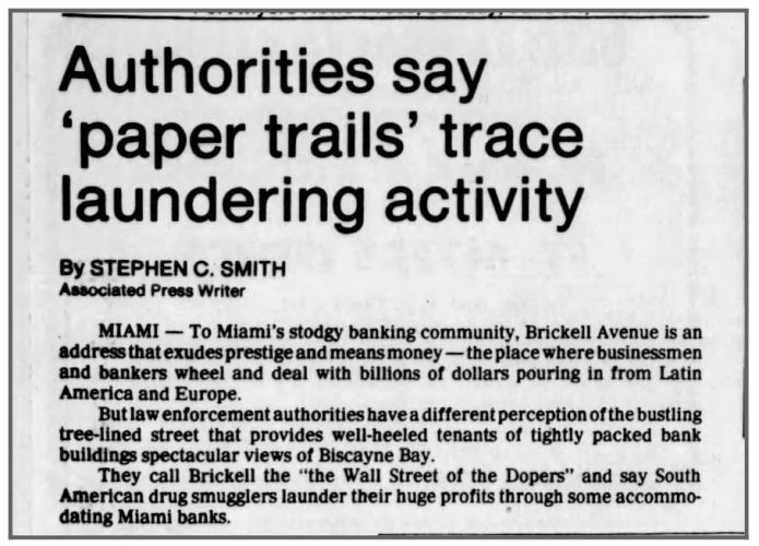 newspaper clipping “Authorities Say ‘Paper Trails’ Trace Laundering Activity”