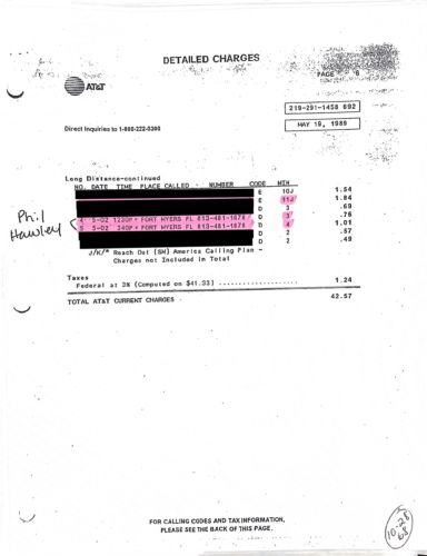 Pelley phone bill highlighting calls to Phil Hawley