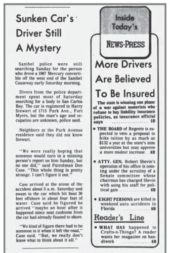 "Sunken Car’s Driver Still A Mystery” newspaper clipping