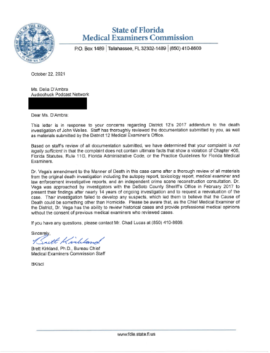Florida Medical Examiner’s Commission Receipt of Complaint from CounterClock Investigation