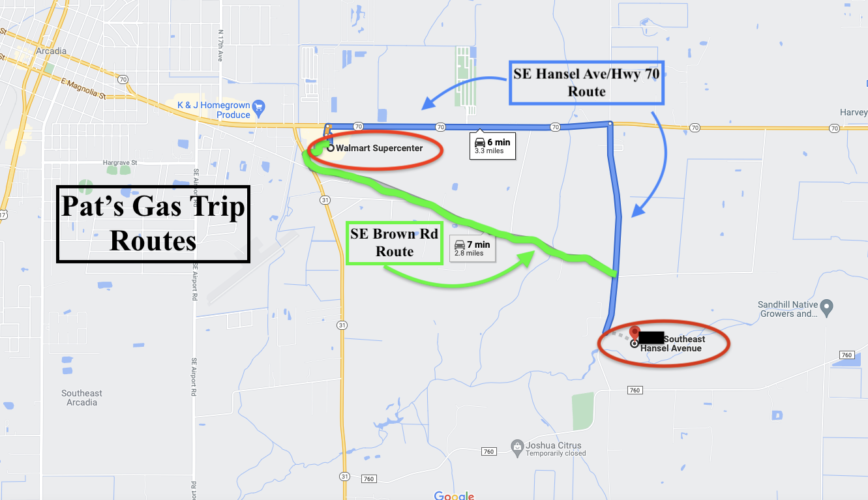 Map indicating routes Pat Strader took to get gas at Murphy filling station at Arcadia’s Walmart