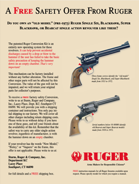 Ruger Recall Notice for the Single Six Revolver manufactured in 1969