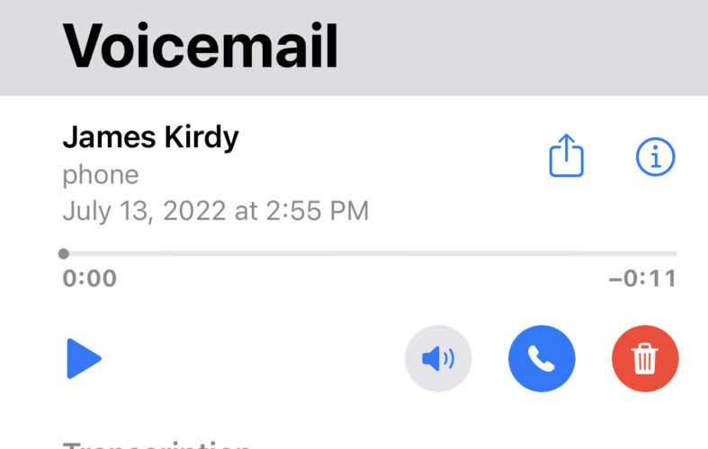 Voice mail message from James Kirdy