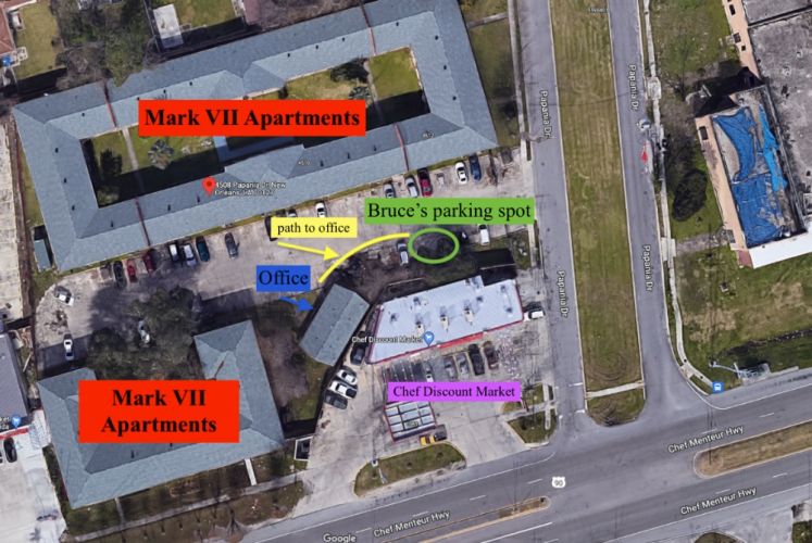 Aerial Diagram of Mark VII Apartments and Bruce’s movements