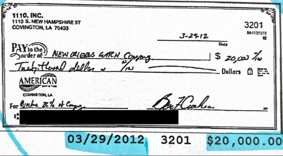 Bruce’s Check Written out to New Orleans Watch Company