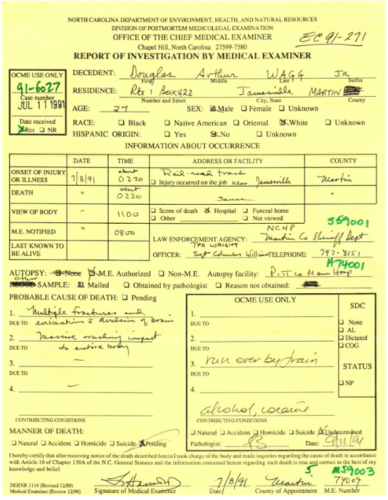 Doug Wagg Jr. Autopsy Investigation Summary Report Pages 1