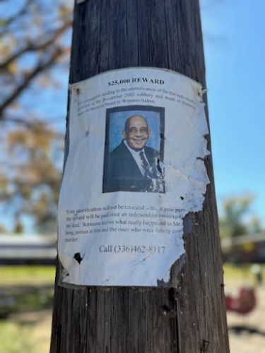 Nathaniel Jones reward fliers on Moravia Street in Winston Salem, NC as of October 2024.
