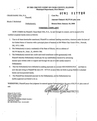 Chase Bank vs. Rhoda McFarland January 2008 lawsuit complaint