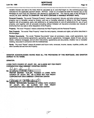 Rhoda McFarland’s Signature on 1 of 3 large mortgages taken out for Embassy Christian Center Church in Crest Hill, Illinois