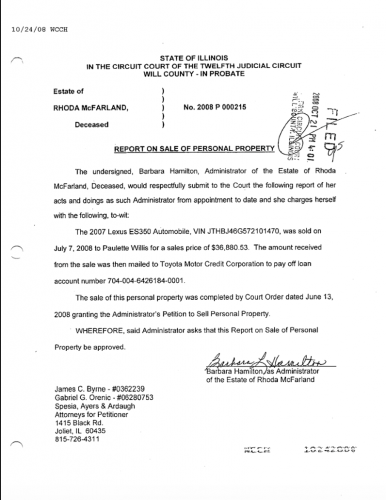 Estate of Rhoda McFarland Circuit Court of Will County, Report on Sale of Personal Property