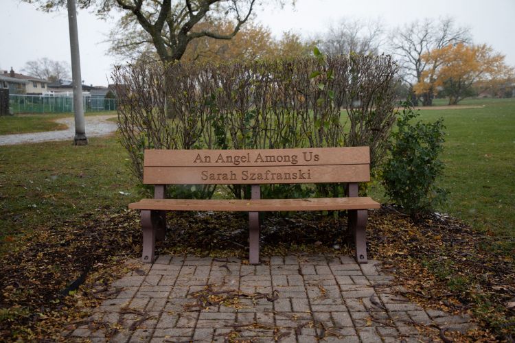Memorial bench for Sarah Szafranski in Tinley Park, Illinois.