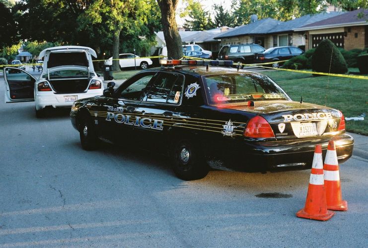 Crime scene evidence photos from where the officer-involved shooting between Raymond Maddox and Skokie PD officer Tim Gramins occurred